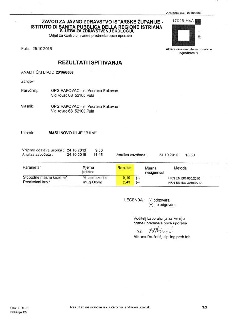 mlado maslinovo ulje ekstra djevičansko maslinovo ulje Bilini - kemijska analiza 2016.